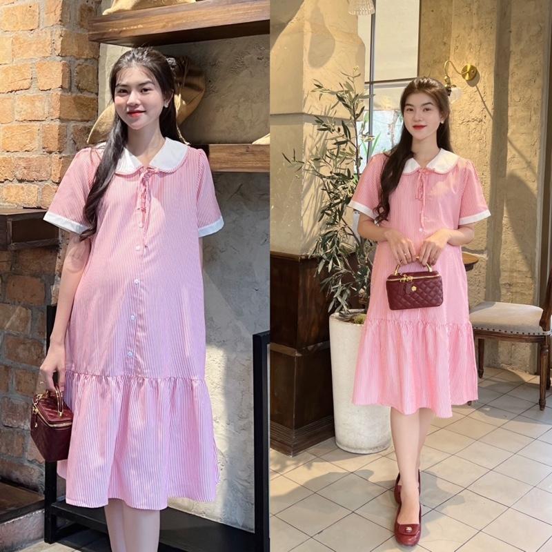 Đầm Bầu Công Sở Kẻ Sọc Phom Đuôi Cá Phối Viền Tay Trẻ Trung Chất Cotton Mềm Mát Mẻ Cho Mùa Hè - Đen