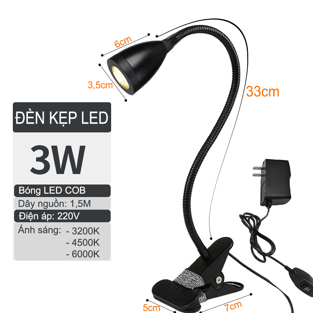 Đèn học, Đèn đọc sách kẹp bàn đầu giường LED 3W - 5V, Loại ánh sáng chiếu rọi điểm chống lóa, Ánh sáng vàng ấm