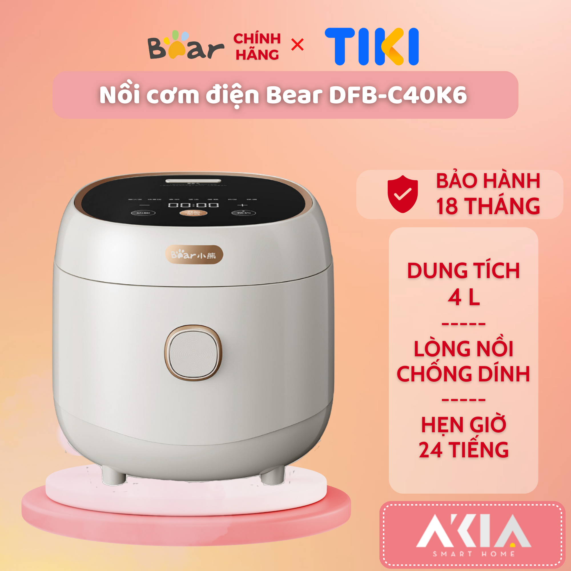 Nồi cơm điện Bear DFB-C40K6 - Dung tích 4L, Chống dính, Cài đặt Hẹn giờ - HÀNG CHÍNH HÃNG