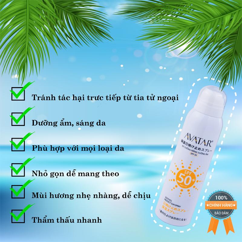 Xịt chống nắng dưỡng ẩm SPF 50 chính hãng - kem chống nắng dạng phun dưỡng ẩm AVATAR SPF 50- xịt dưỡng ẩm chống nắng AVATAR PF 50 cao cấp