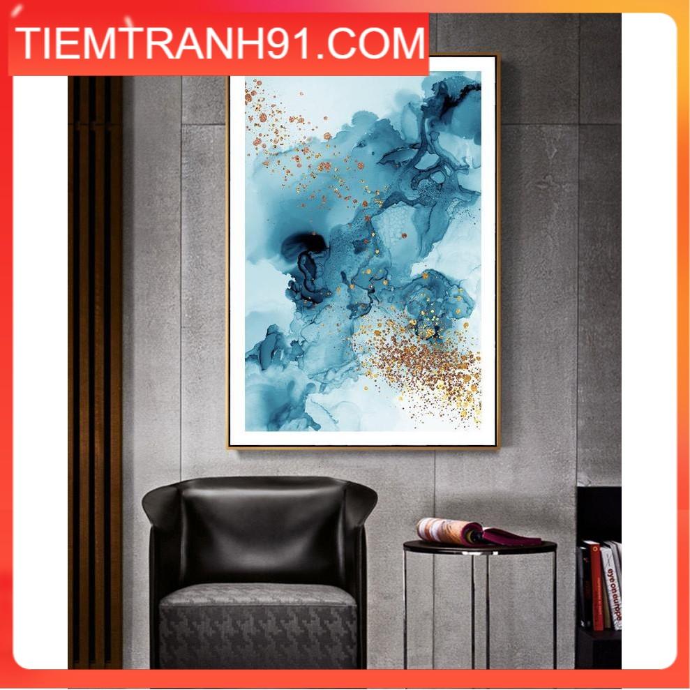 Tranh Canvas Cao Cấp | Tranh trừu tượng Abstract splash watercolor teal-blue with gold foil background
