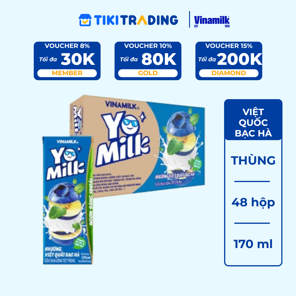 Thùng 48 hộp sữa chua uống hương việt quất bạc hà Yomilk 170ml