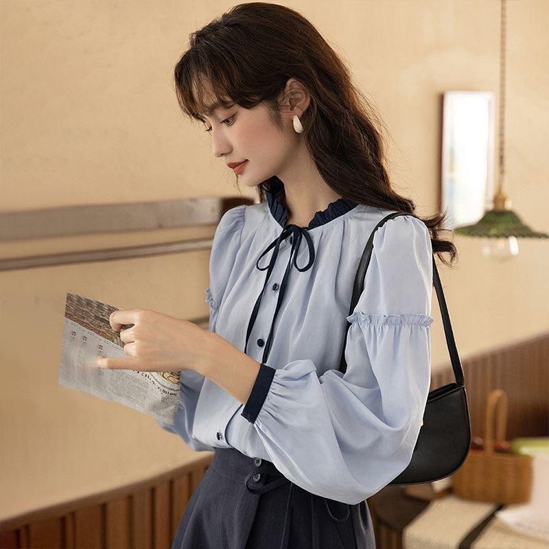 Áo SơMi Nữ Kiểu Cổ Tròn Tay Dài Phong Cách Hàn Quốc Mẫu Mới Mã RB017