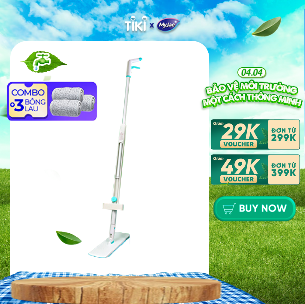 Combo 3 Bông Lau 1 Cây Lau Nhà MyJae Sợi Microfiber Tự Vắt Phun Sương Xoay 360 Độ Thông Minh 138cm