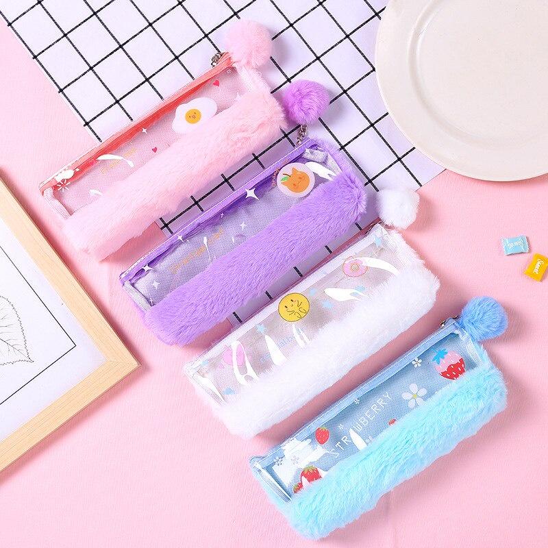 Pencil Box Stationery Bag Junior High School Student Simple Large Capacity Tide Pencil Box Cute Plush Pencil Bag Student