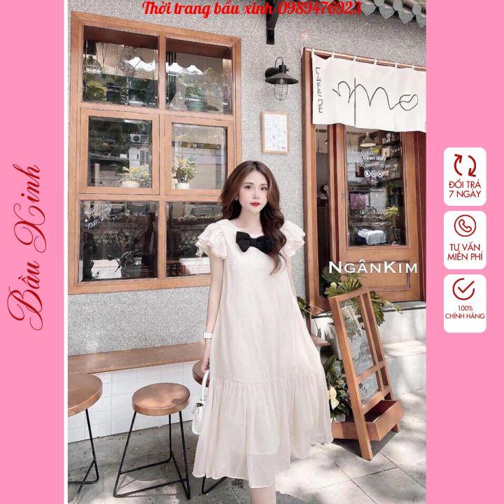 Đầm bầu công sở mùa hè chất lụa hàn-Váy bầu thiết kế phom rộng dáng suông von nhẹ