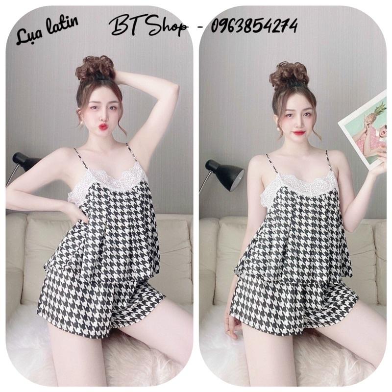 Đồ ngủ lụa latin 2 dây phối ren quần đùi ống rộng freesize 42-57kg