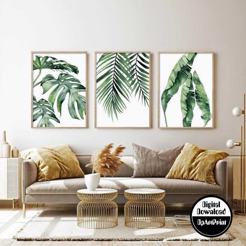 Bộ 3 tranh treo tường tropical xanh cây, tranh treo tường có khung.