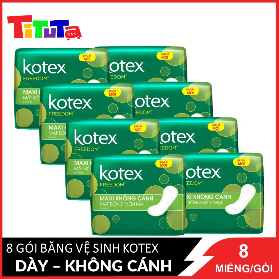 Combo 8 Băng Vệ Sinh Maxi 23cm Không Cánh Kotex FreeDom Mặt Bông Mềm Mại 8 miếngx8