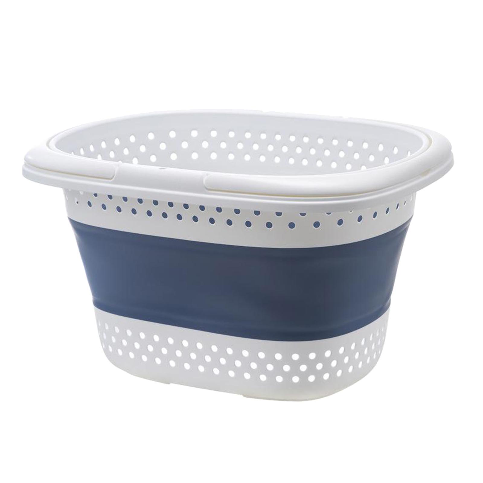 Collapsible Laundry Drain Basket Large Storage Bin with Handles Blue