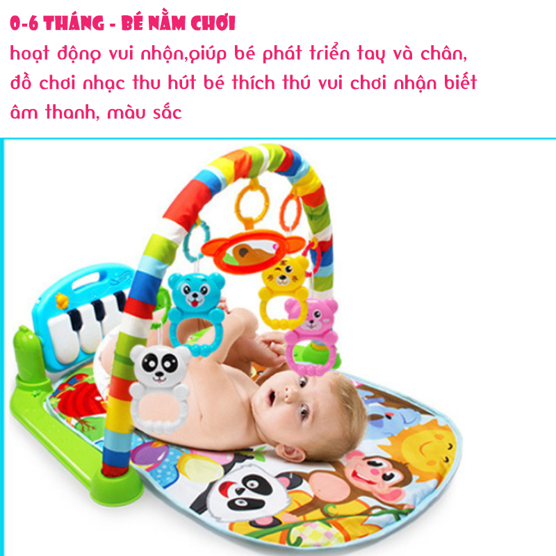 Thảm nhạc Piano cho bé từ 0-36 tháng in hình khỉ con có nhạc và xúc xắc, shop tặng Pin đi kèm