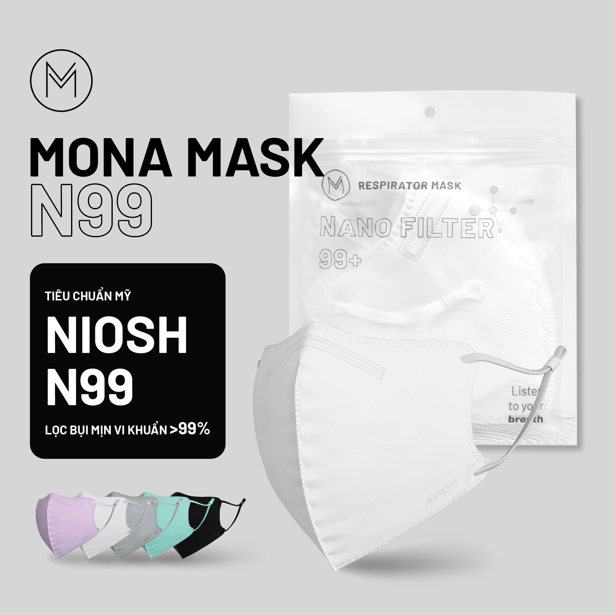 Combo 3 Khẩu Trang 3D MONA MASK N99 Chống Nắng Tia Uv Lọc 99% Bụi Mịn Pm 2.5