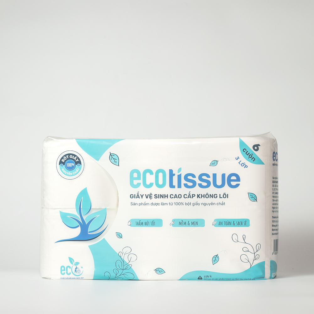 Giấy vệ sinh Ecotissue 3 lớp lốc 6 cuộn không lõi cao cấp mềm dai tự nhiên