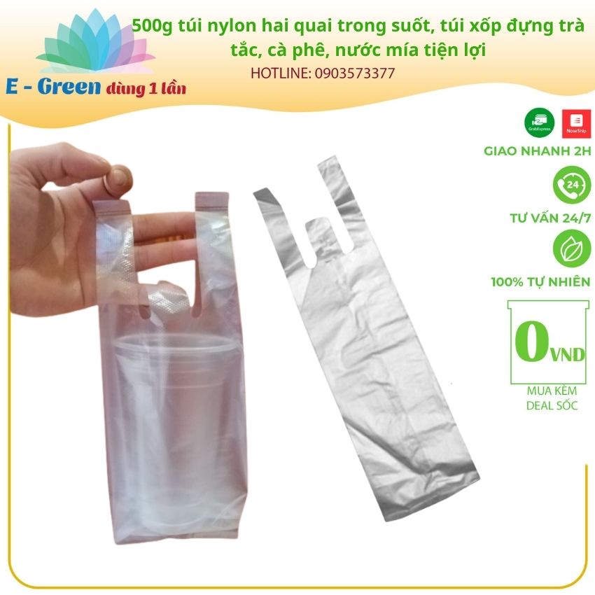 500g túi nylon hai quai trong suốt, túi xốp đựng trà tắc, cà phê, nước mía tiện lợi - E Green Dùng 1 Lần