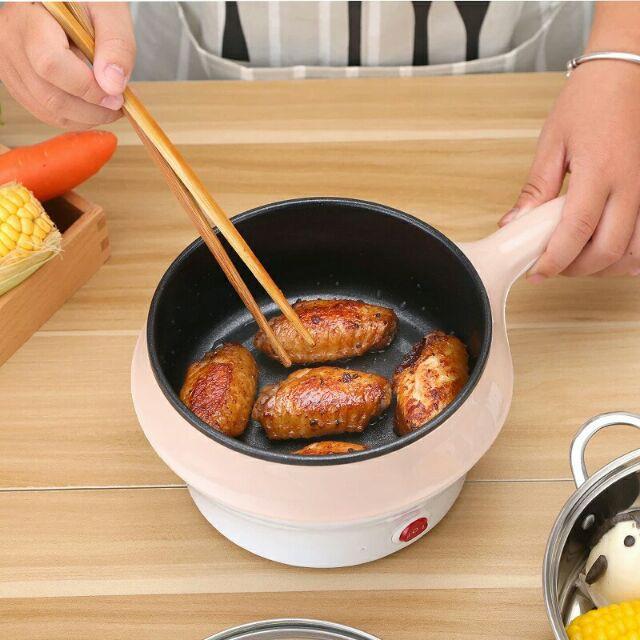 Nồi Lẩu Điện Mini Đa Năng Tay Cầm Dài Kèm Xửng Hấp Inox Size 18Cm