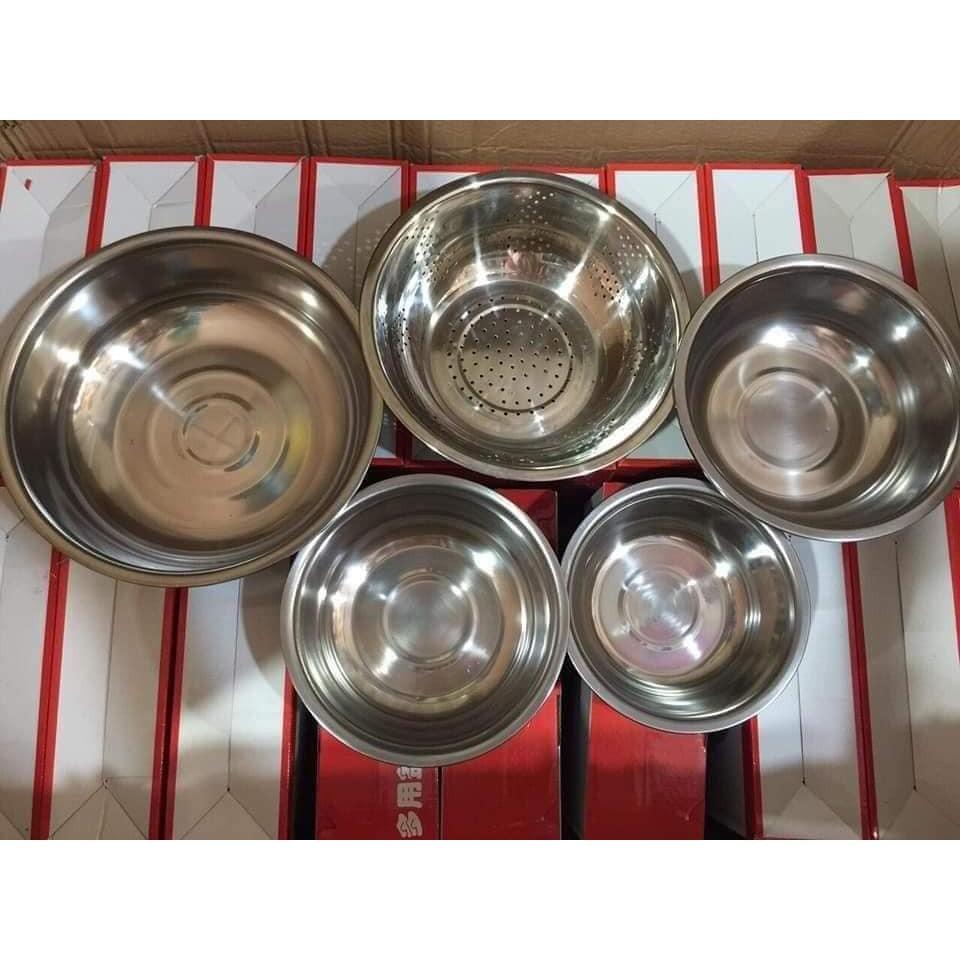 Bộ thau rổ Inox không gỉ 5 món tiện dụng-dày dặn thông thoáng- thoát nước nhanh chóng không ám mùi- sang trọng gian bếp