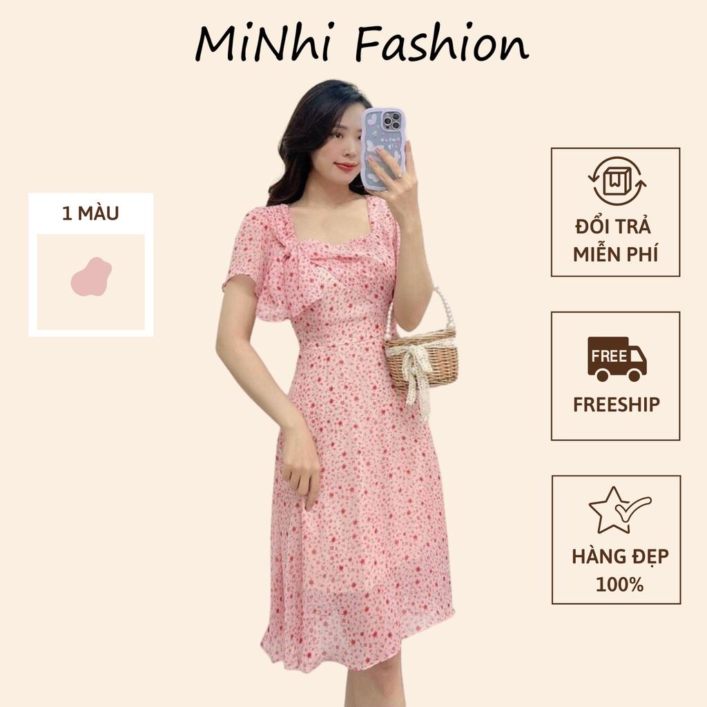 Đầm hoa nhí dự tiệc màu hồng, Váy voan hoa nhí nơ cổ hồng Cao Cấp dáng xòe tay ngắn, nữ tính quyến rũ - MiNhi Fashion