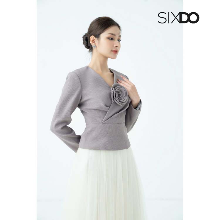 Áo vest nữ cổ V kèm hoa sang trọng SIXDO