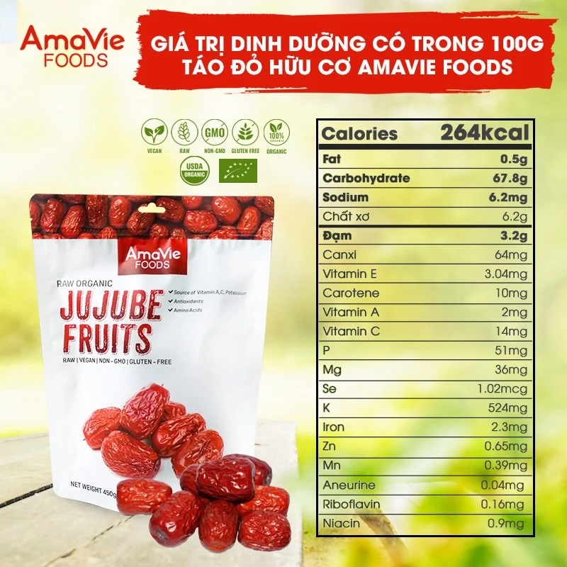 Táo đỏ hữu cơ cao cấp AmaVie Foods Jujube Fruits 450g