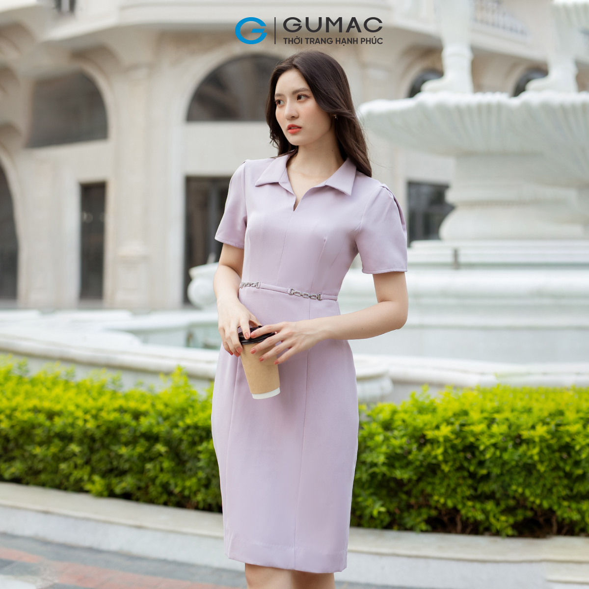 Đầm bút chì tay ngắn cổ V khoen eo thanh lịch sang trọng GUMAC DD07066