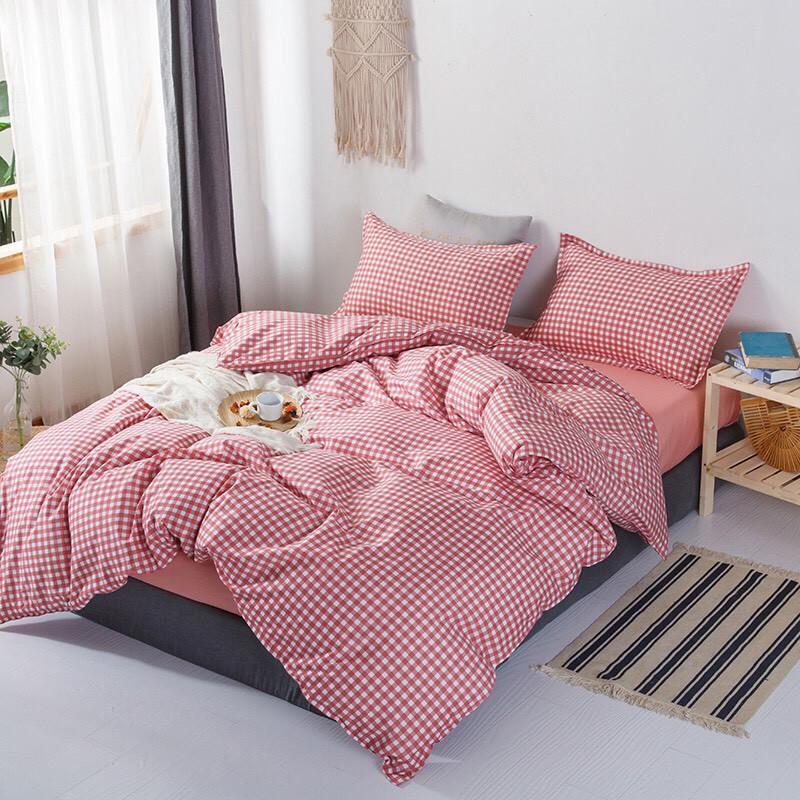 Bộ chăn ga Cotton Poly họa tiết caro hồng - phong cách Hàn Quốc