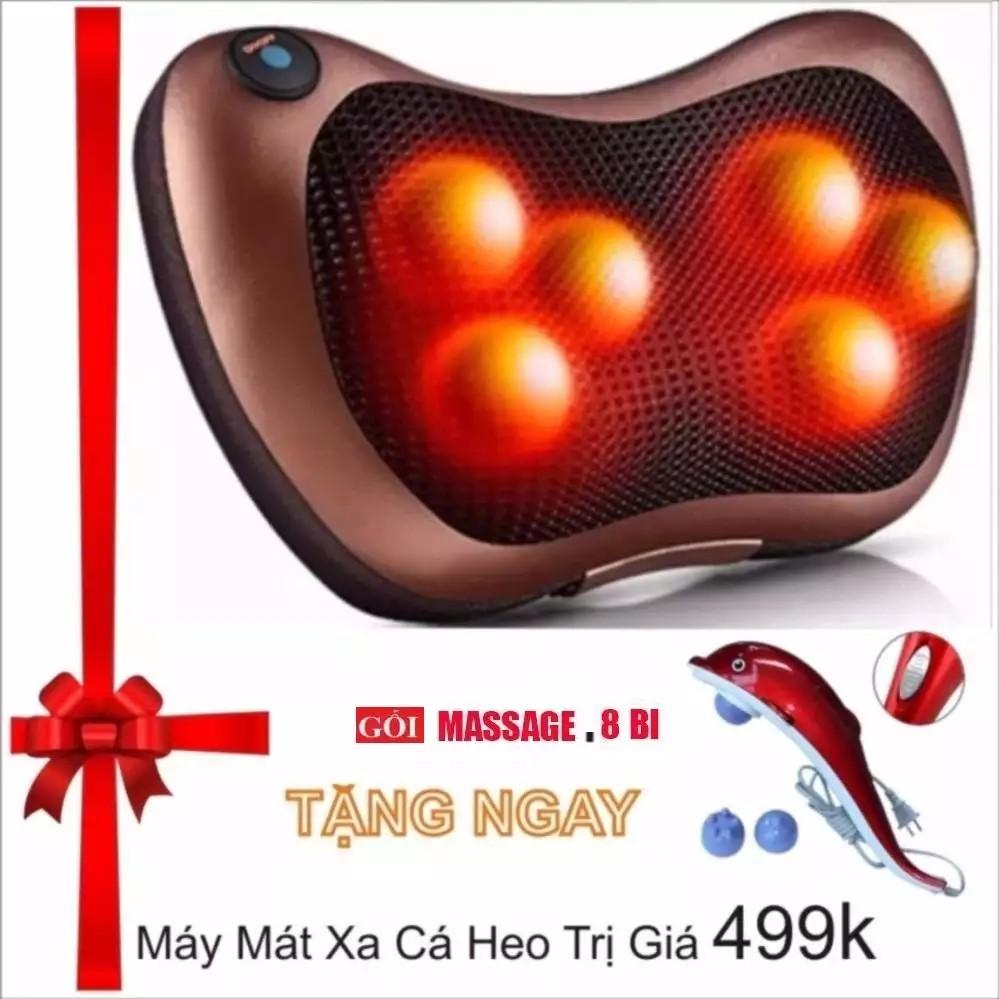 Gối mát-xa hồng ngoại Massage Pillow nâu 8 bi nhật bản + Tặng máy mát xa cá heo cao cấp