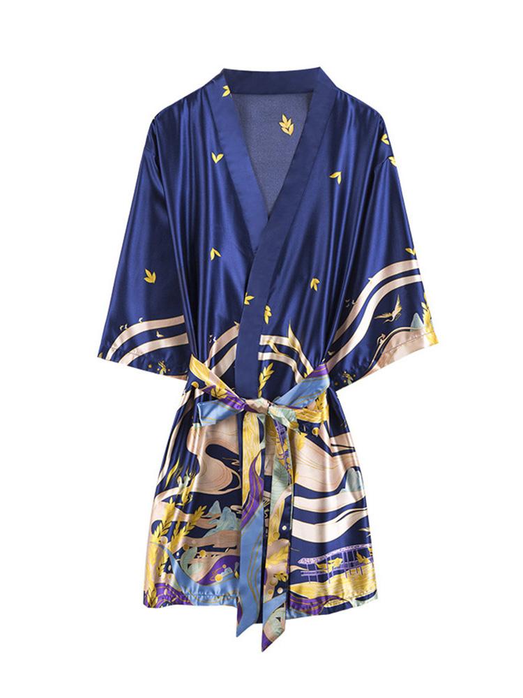 Women Pajamas Print Night Robe V Neck Three Quarter Sleeve Soft Comfortable Satin Nightwear Gown Sleepwear