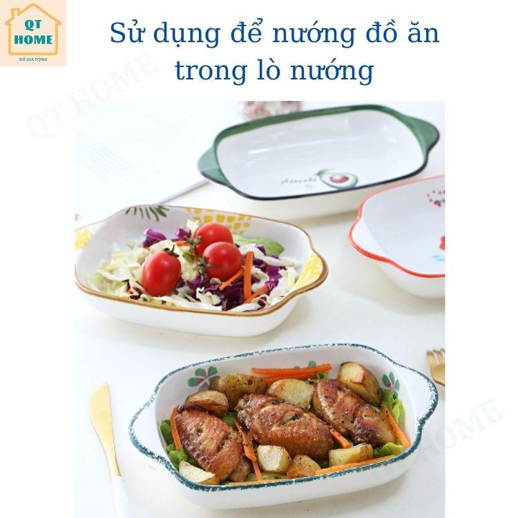 Đĩa Sứ Có Tay Cầm, Khay Nướng Sứ, Dĩa Sứ Sâu Lòng, Họa Tiết Hoa Quả, Trái Cây (Hình Thật)