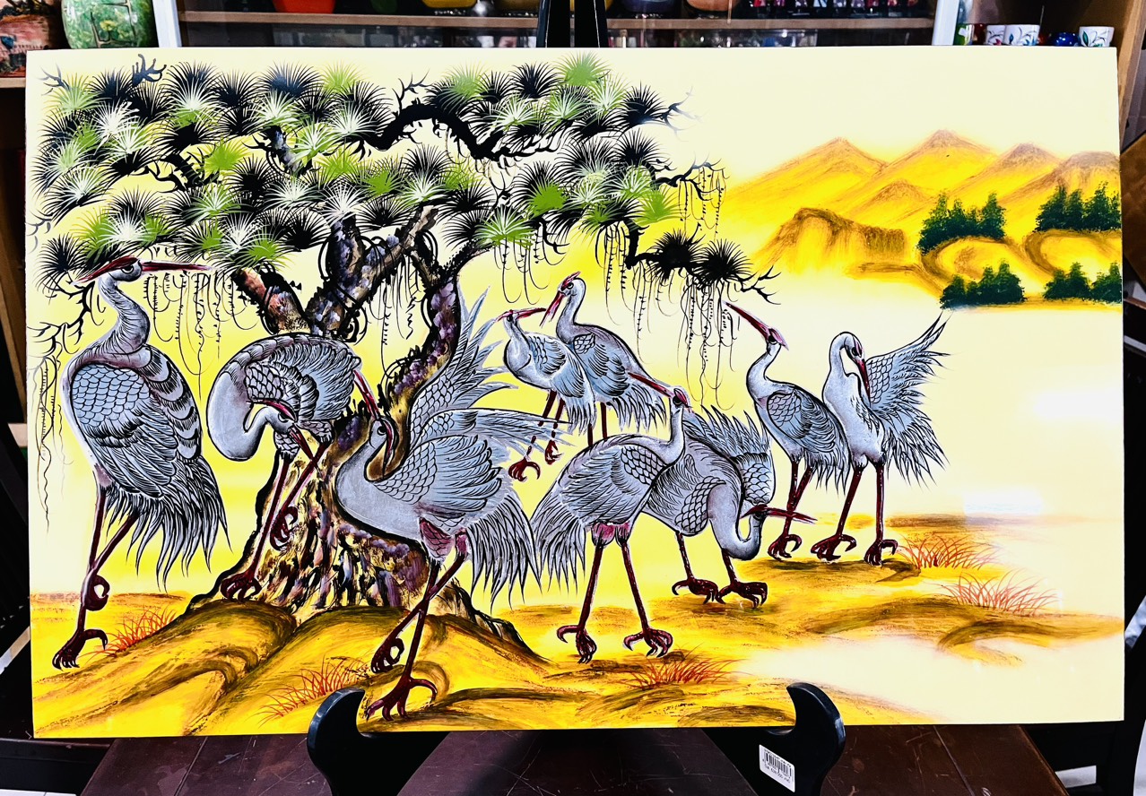 Tranh sơn mài Tùng Hạc đắp nổi màu sắc tươi sáng size 50x80 cm trang trí nhà cửa, làm quà tặng