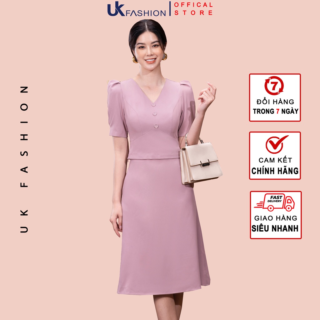 Set Áo Váy Công Sở Nữ UK Fashion Cổ Chữ V Tay Bồng Phối 3 Cúc, Chân Váy Dáng Xòe Nhẹ, Chất Vải Hàn Cao Cấp NKBD2203019