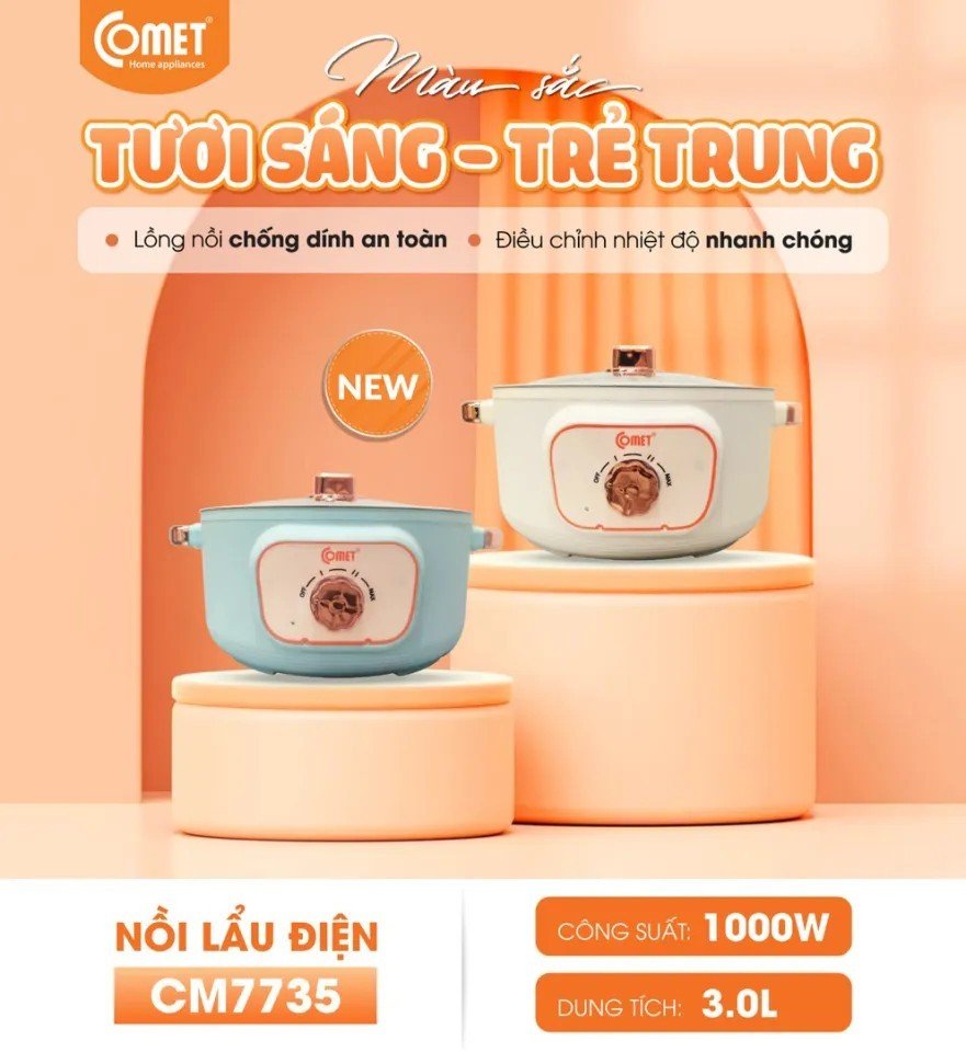 NỒI LẨU ĐIỆN ĐA NĂNG COMET CM7735 - Dung tích 3L - Công suất 1000W - HÀNG CHÍNH HÃNG