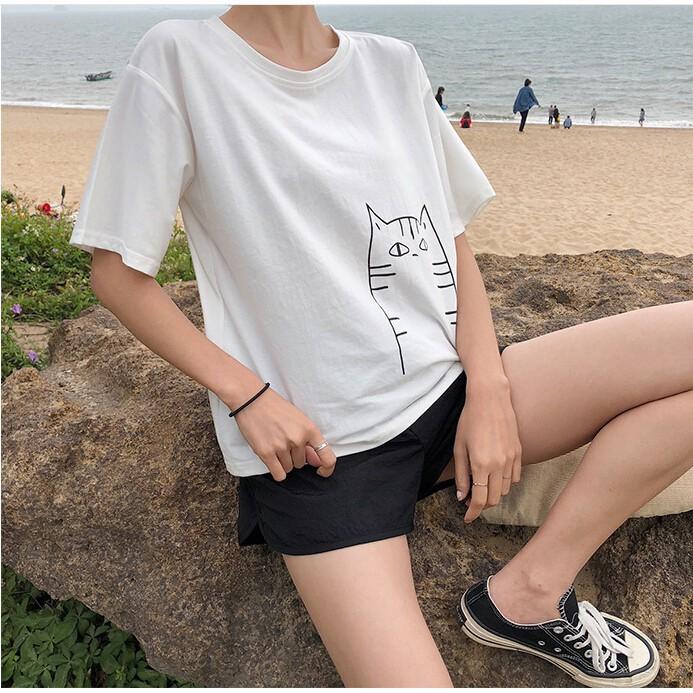Áo thun nữ tay ngắn in hình mèo