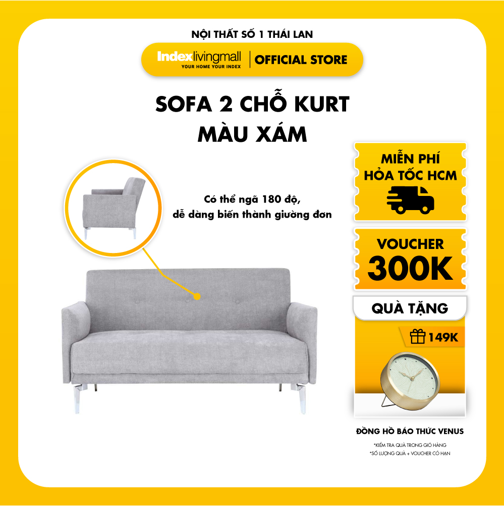 Ghế sofa đôi KURT khung gỗ chân thép bền chắc, đệm bọc vải cao cấp màu xám | Index Living Mall - Phân phối độc quyền tại Việt Nam