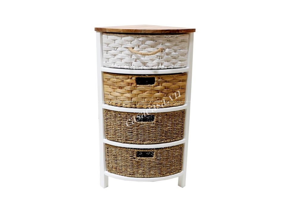 Tủ gỗ tam giác, tủ góc, cabinet 4 ngăn kéo, hộc đan lục bình, cói - HG1052A-MC