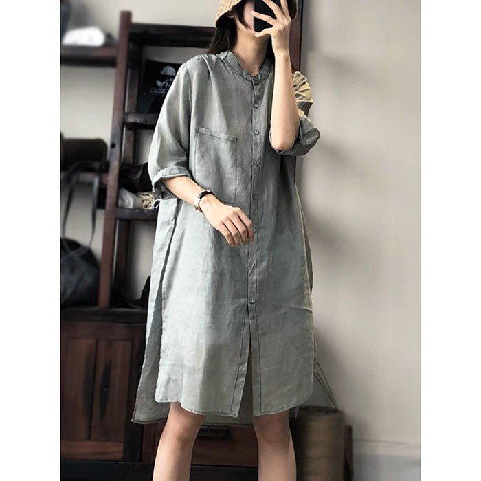 Sơ mi nữ dáng dài Linen bột Premium cổ tàu tay lỡ trẻ trung, chất vải Linen nhập Hàn mềm mát, thời trang hè thu 2023