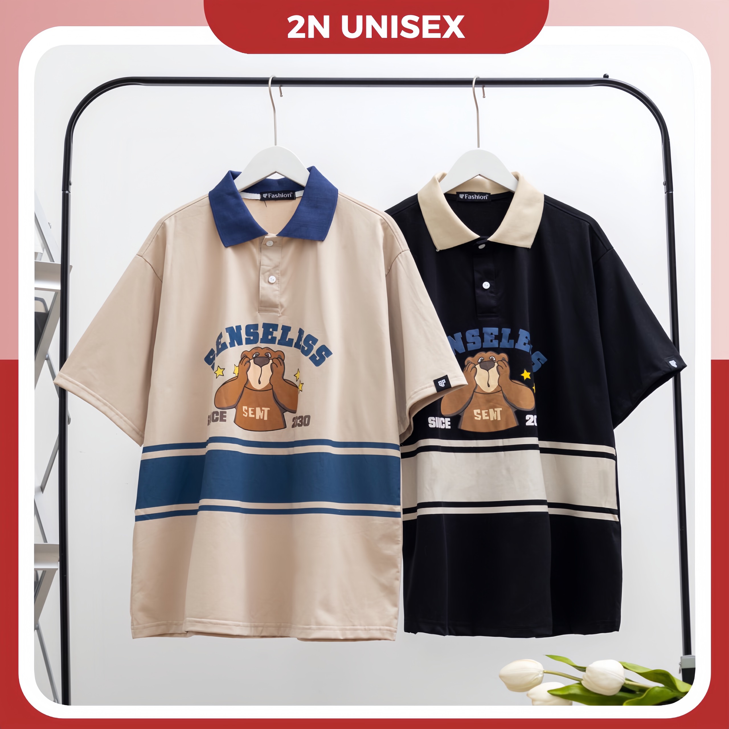 Áo polo nam nữ form rộng 2N Unisex thun cotton in hình gấu nâu màu đen/be