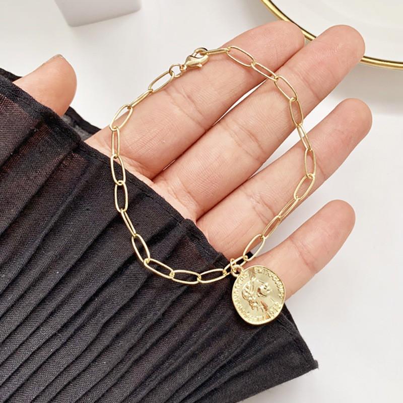 Vòng Tay Hợp Kim Mặt Hình Đồng Xu Khắc Hình Phong Cách Hàn