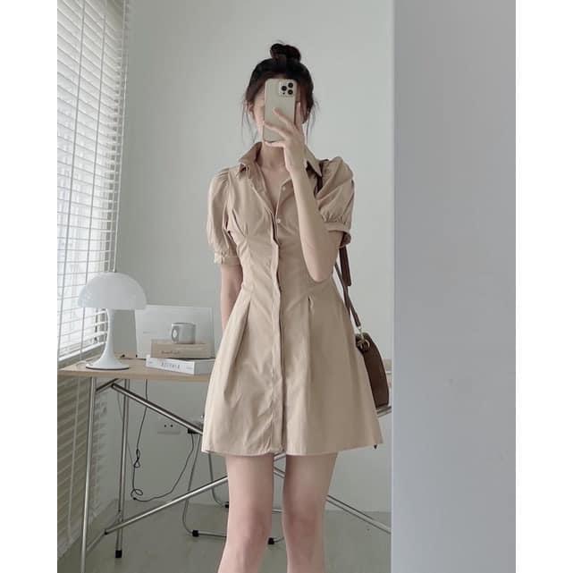 VÁY ĐẦM KAKI CỔ ĐỨC DẤU KHUY TAY BỒNG CHUN LƯNG CHIẾT EO SIÊU XINH