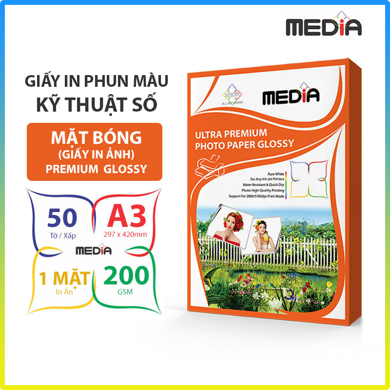 Giấy In Màu Kỹ Thuật Số MEDIA 1 Mặt Bóng (Glossy) Khổ A3 (297 x 420mm) Định Lượng 180/200/230gsm 50 Tờ, Dùng In Ảnh Màu &amp; Tài Liệu Màu - Hàng Chính Hãng