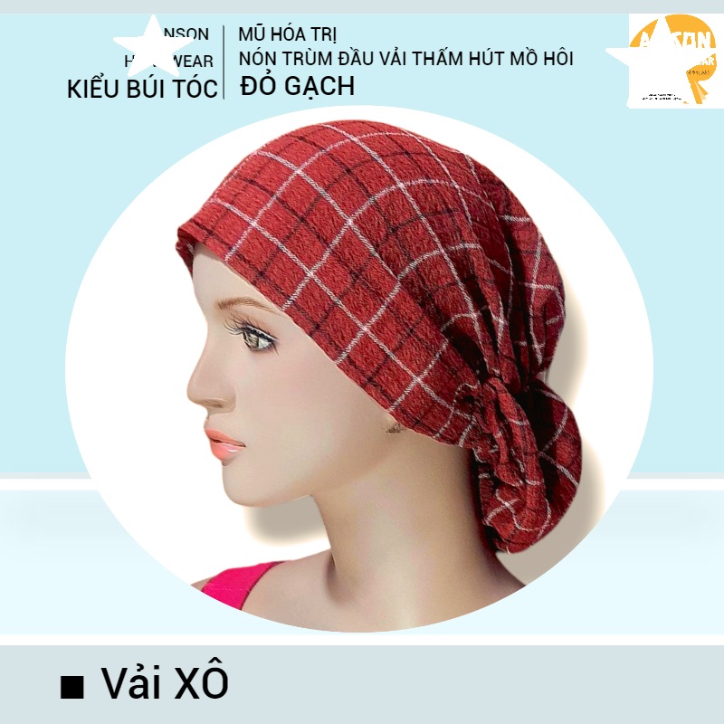 Nón hóa trị vải mềm mát, hút mồ hôi, bệnh nhân ung thư, chemo hat, nón trùm đầu [KIỂU BÚI TÓC- ĐỎ GẠCH]