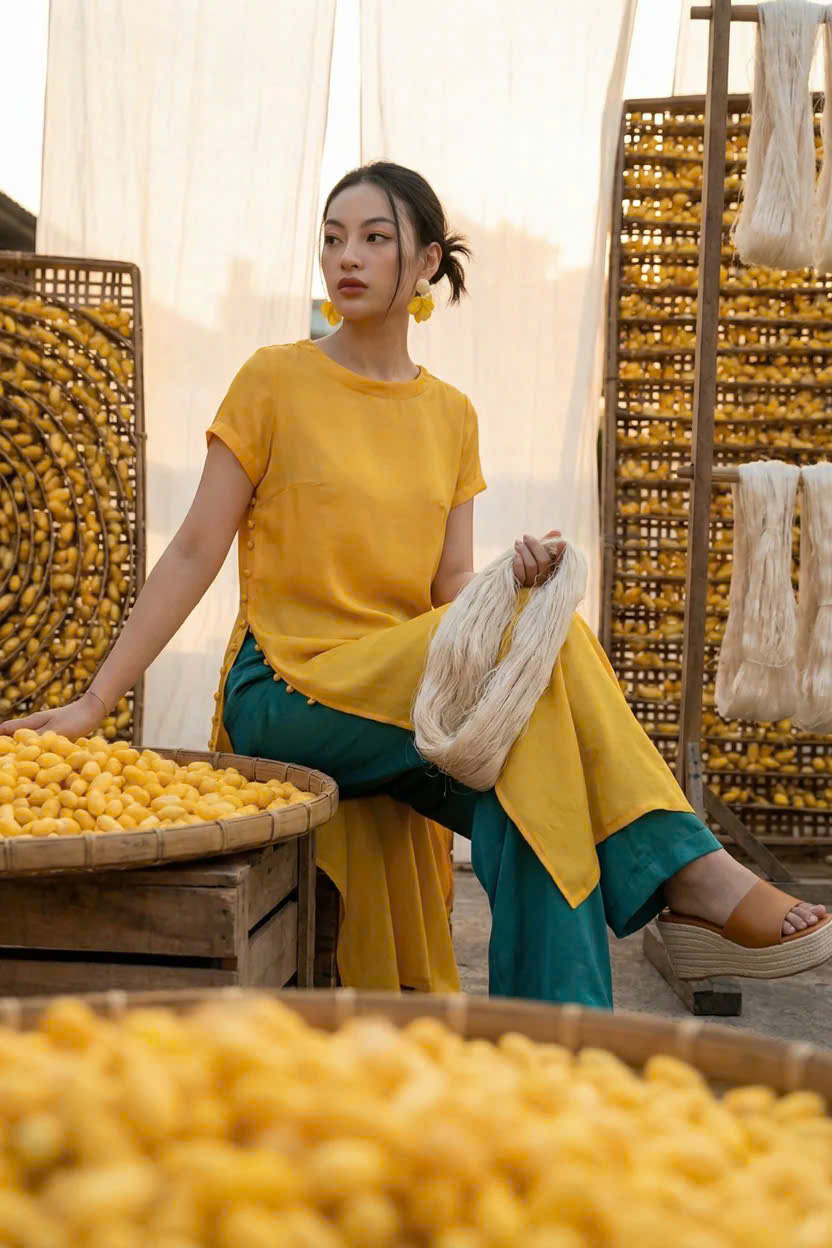 Áo Dài Cách Tân Kiêm Đầm Suông Lụa Vàng Dã Quỳ ADA015 thời trang thiết kế Hity