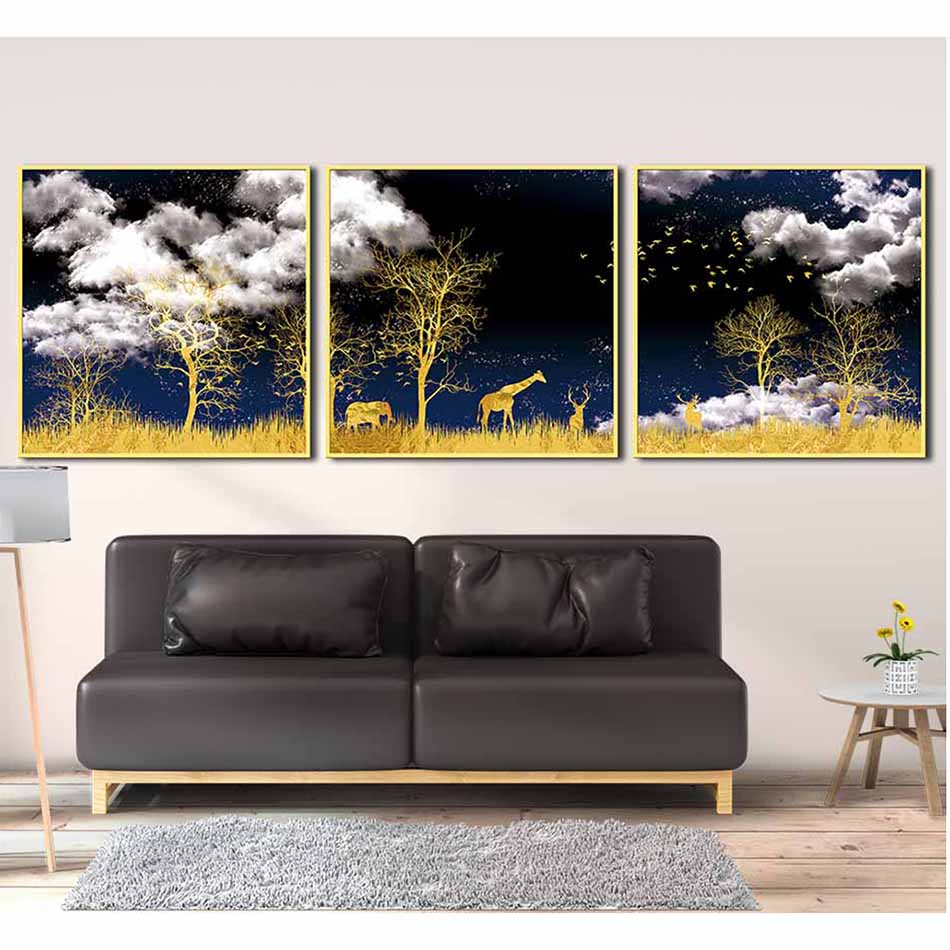 Bộ 3 tranh canvas treo tường Decor họa tiết cách điệu hươu và rừng cây, phong cách hiện đại - DC033