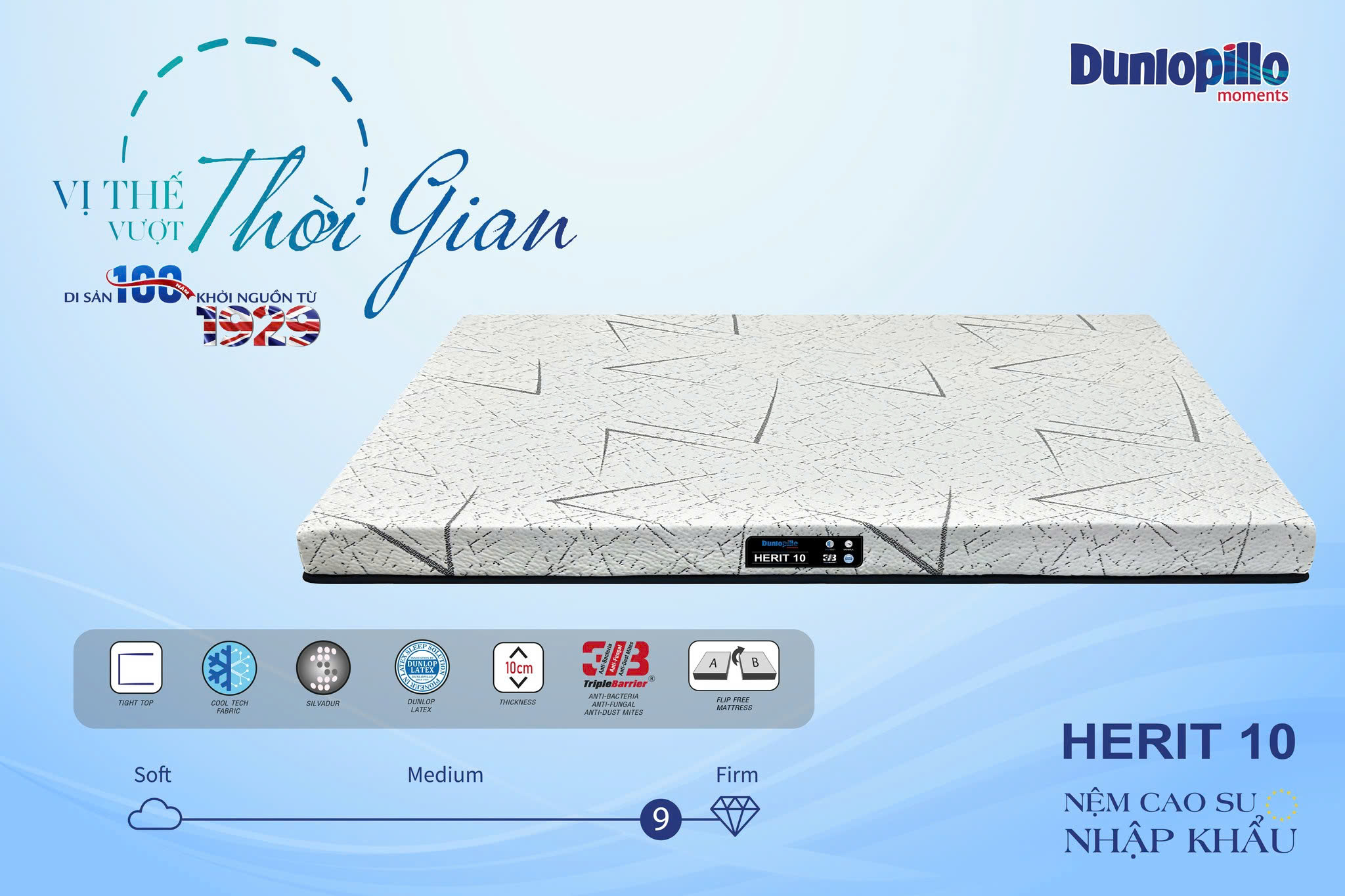 Nệm Cao Su Nhập Khẩu Dunlopillo Herit Áo Vải Cool Tech Kháng Khuẩn Bảo Vệ Sức Khỏe Độ Cao 10cm