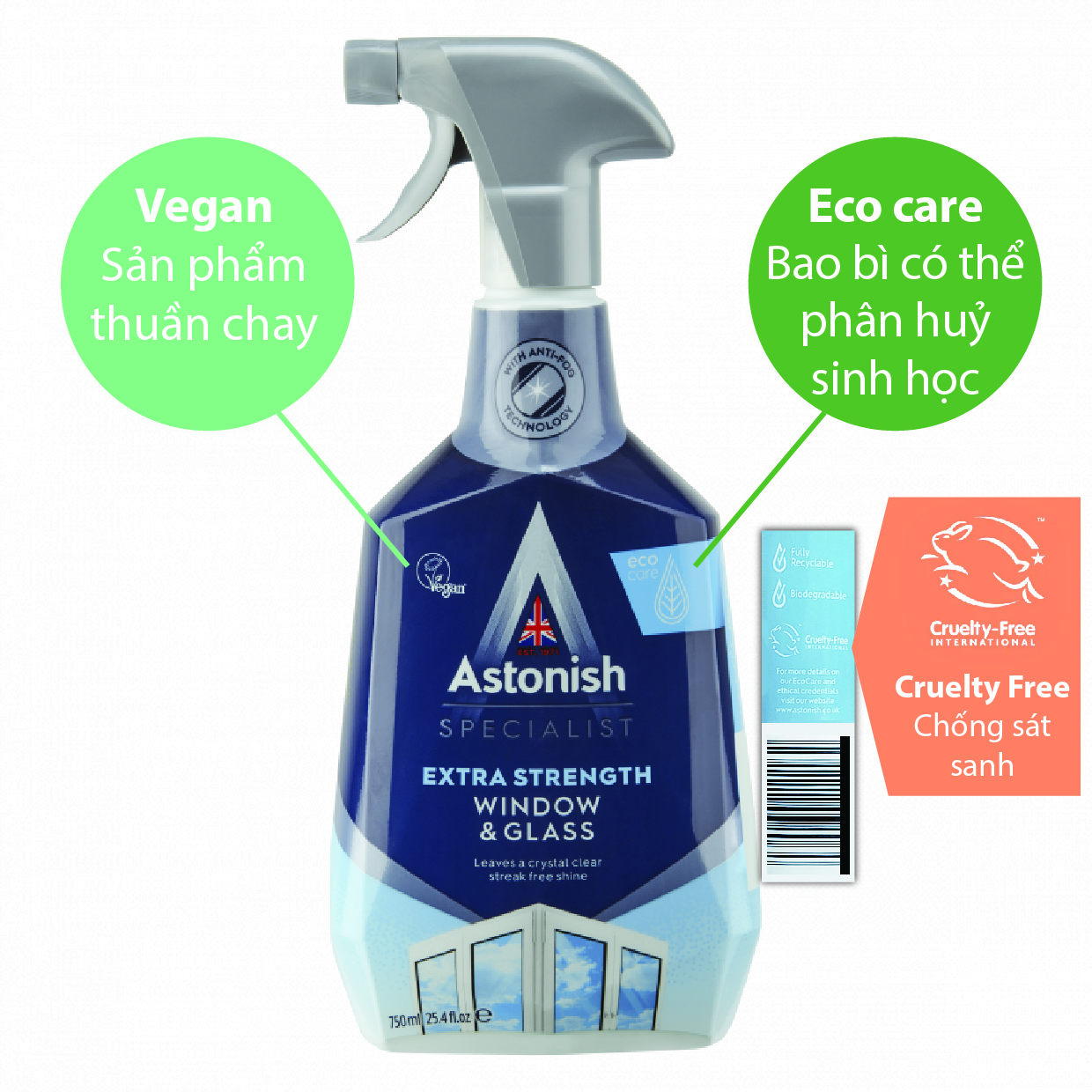 Bình xịt lau kính Astonish C6950 750ml loại bỏ nhanh chóng các vết bẩn, vết ố trên kính, ngay cả những vết bẩn cứng đầu như dầu nhớt, hay vết băng keo dính. Thêm một công năng đặc biệt nữa, là có thể lau sạch vết ố mờ do cặn.