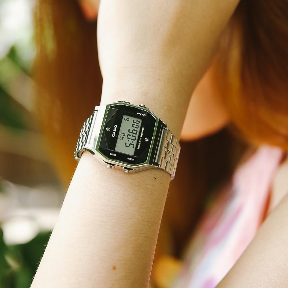 Đồng hồ điện tử Casio chính hãng A159 đính kim cương, dây kim loại