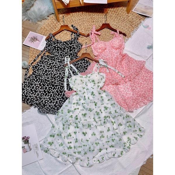 Đầm hoa 2 dây cột vai cúp ngực phối bèo 2 tầng chất voan siêu đẹp-hình thật.