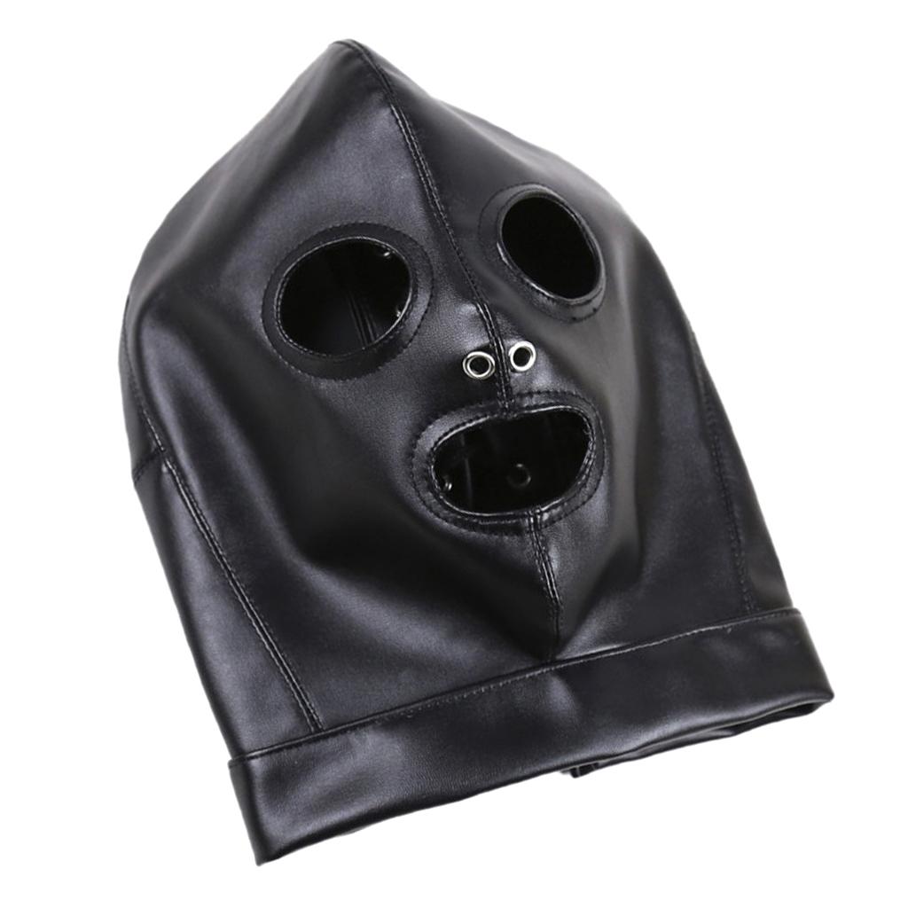 Unisex Adult Black Faux Leather Hood Mask Lace Up Full Head Face Cover Toys