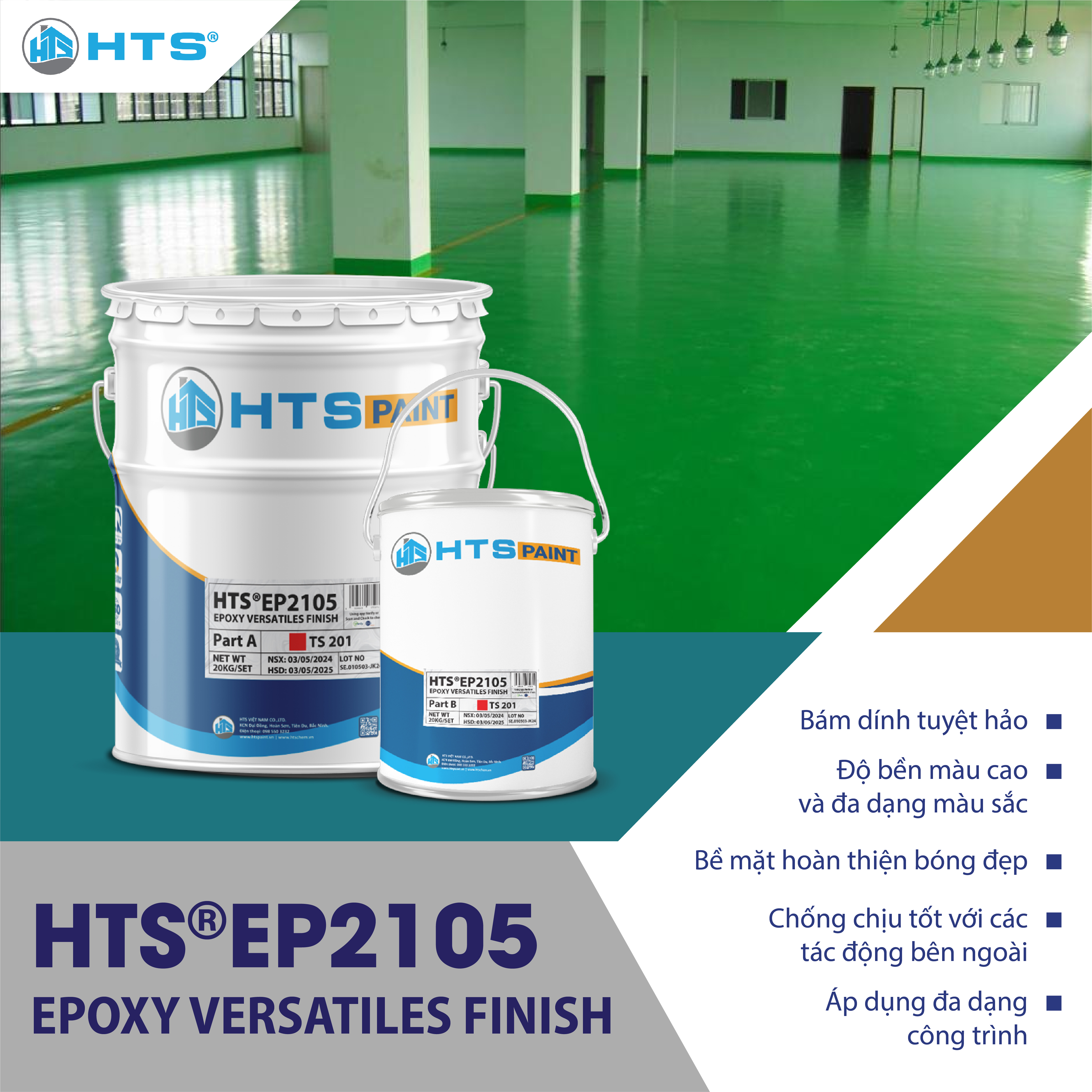 Sơn Phủ Epoxy Đa Năng HTS EP2105 bộ lớn 20Kg - Siêu bền, Màu siêu đẹp