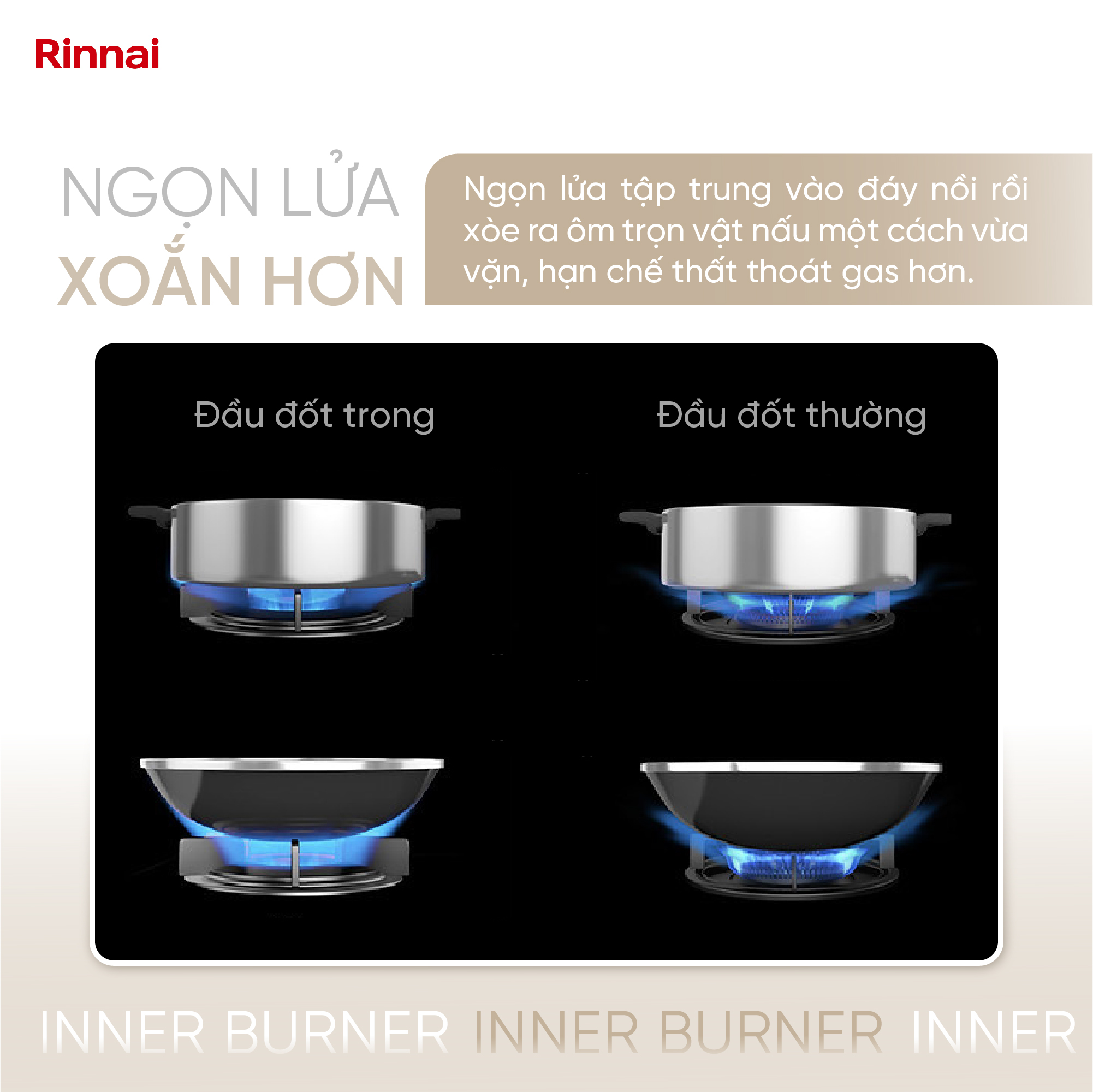 Bếp gas âm đầu đốt trong Rinnai RVB-2Gi(B) mặt bếp kính và kiềng bếp men - Hàng chính hãng