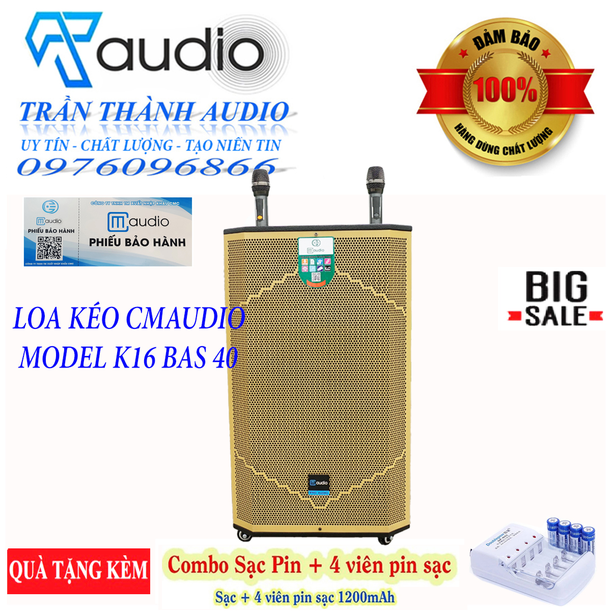 Loa kéo bluetooth CMAUDIO Model K-16 bass 40,hàng chính hãng nhập khẩu 2023,tặng bộ sạc pin và pin gắn mic 1200mah